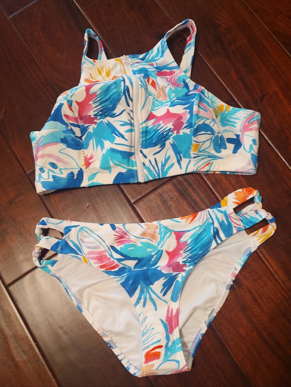 VENUS Floral Zip-Front Bikini Top and Bottom - White, Blue, Pink, Orange